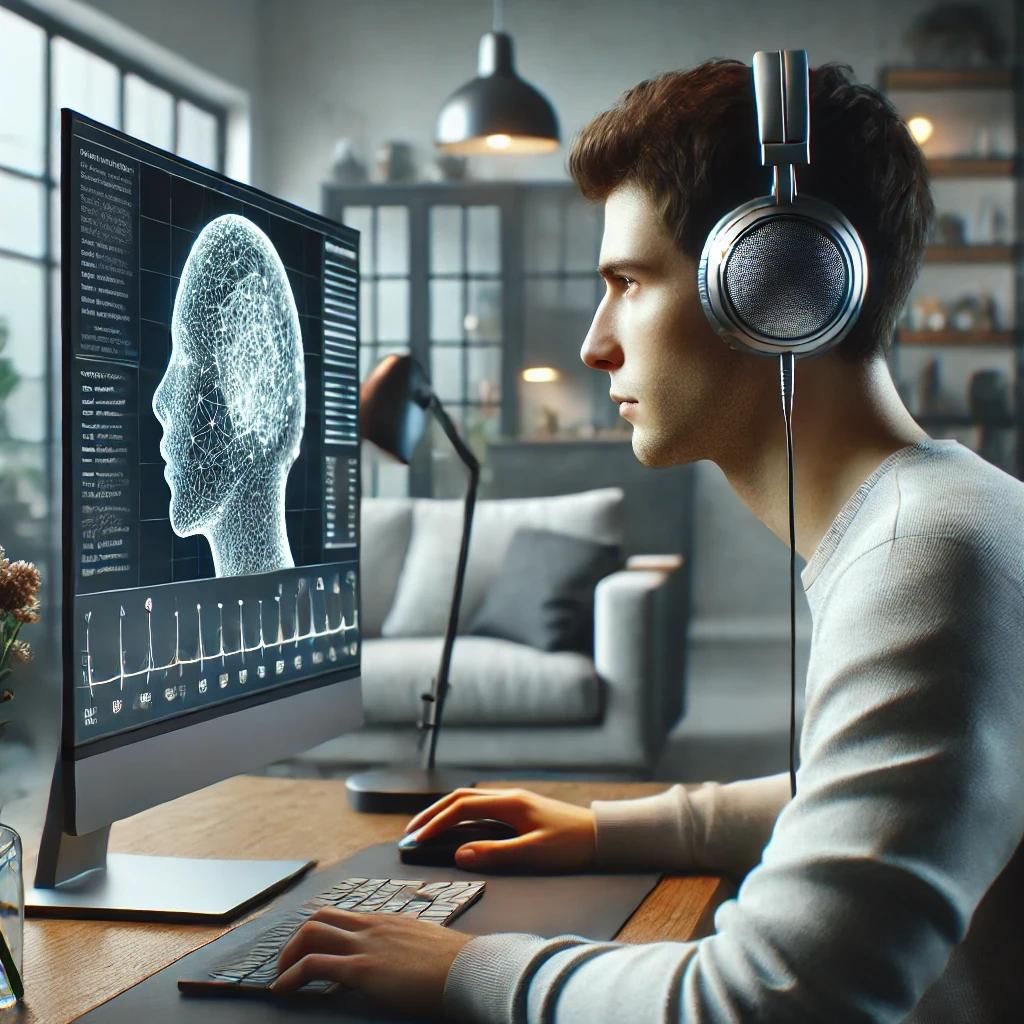 A realistic and modern image showing participants wearing headphones while focusing on a computer screen displaying a global-local visual task, illustrating the setup of the study on binaural beat A realistic and modern image showing participants wearing headphones while focusing on a computer screen displaying a global-local visual task, illustrating the setup of the study on binaural beat