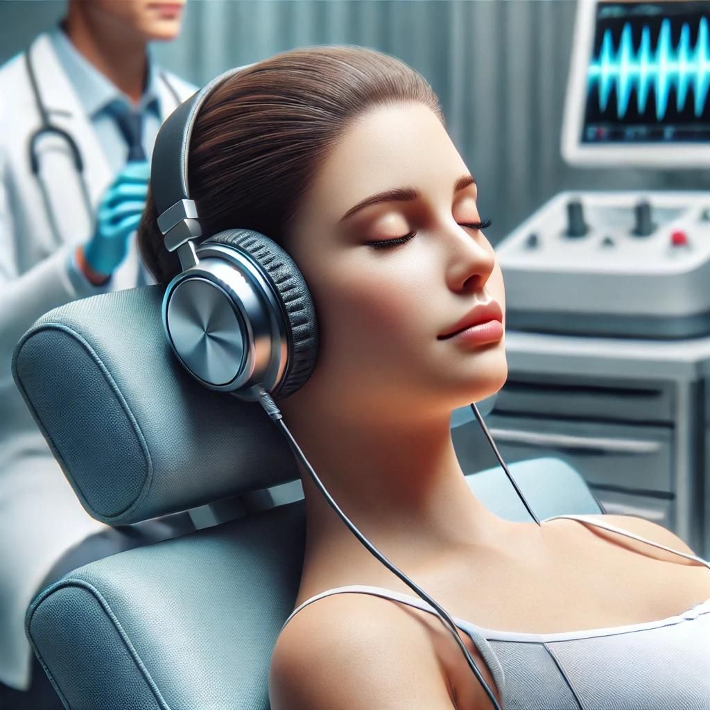 Ein Patient hört über Kopfhörer binaurale Beat-Musik während einer medizinischen Untersuchung. Ein Patient hört über Kopfhörer binaurale Beat-Musik während einer medizinischen Untersuchung.