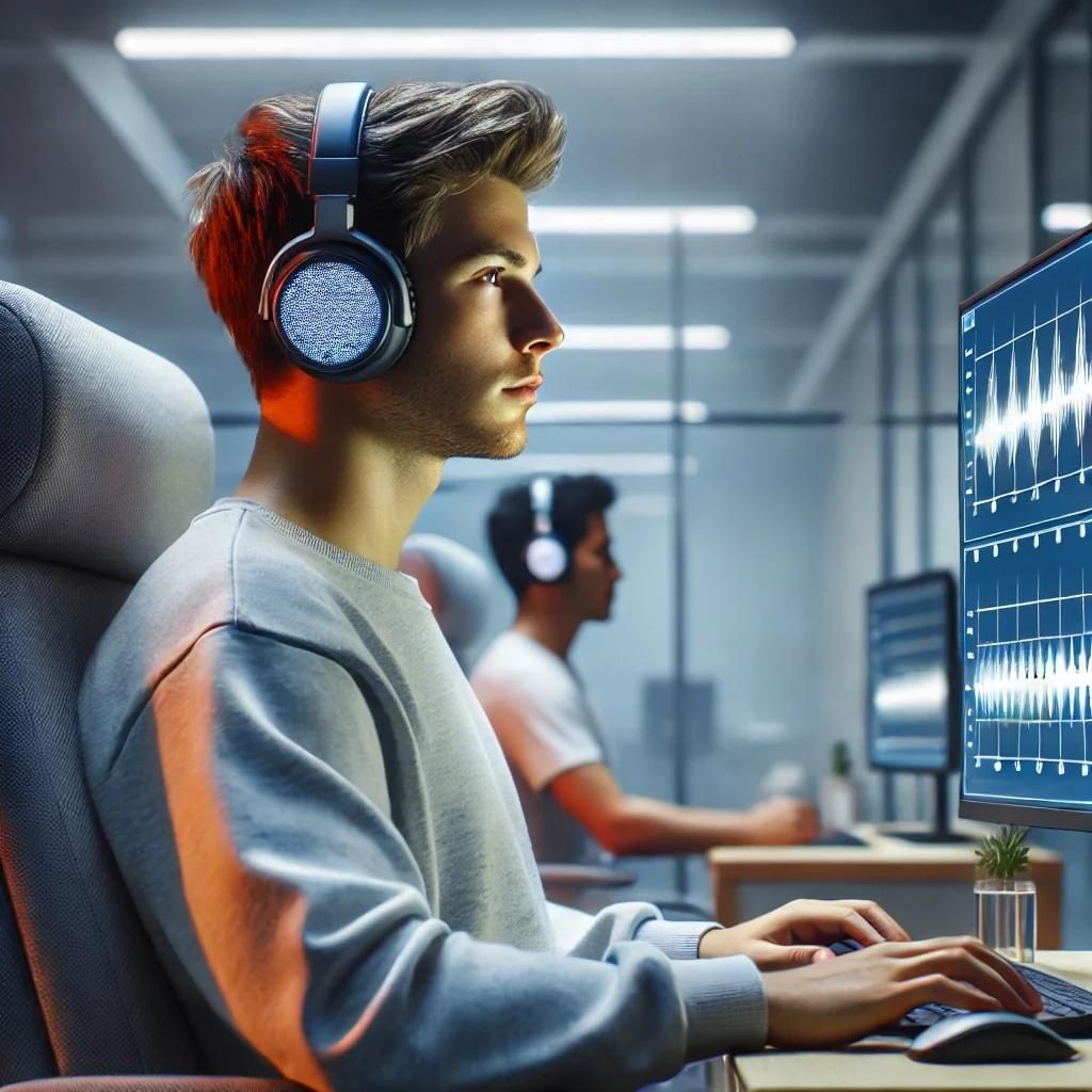Ein junger Erwachsener, der Kopfhörer trägt und konzentriert auf einen Bildschirm schaut, um die Auswirkungen von Alpha- und Gamma-Binauralbeats auf seine Reaktionszeit und sein Gedächtnis zu test Ein junger Erwachsener, der Kopfhörer trägt und konzentriert auf einen Bildschirm schaut, um die Auswirkungen von Alpha- und Gamma-Binauralbeats auf seine Reaktionszeit und sein Gedächtnis zu test