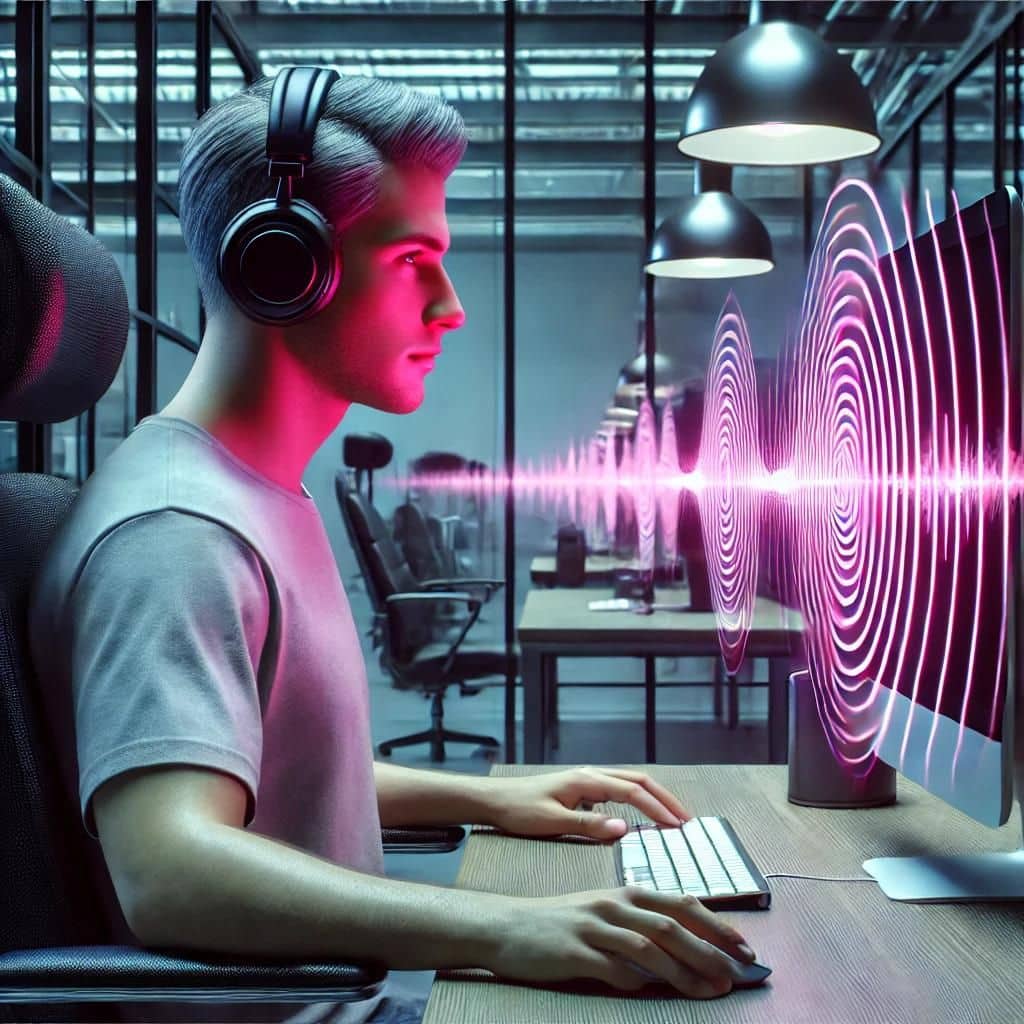 Ein moderner, realistischer Mensch mit Kopfhörern, der binaurale Beats hört, während er eine Wachsamkeitsaufgabe am Computer durchführt. Ein moderner, realistischer Mensch mit Kopfhörern, der binaurale Beats hört, während er eine Wachsamkeitsaufgabe am Computer durchführt.