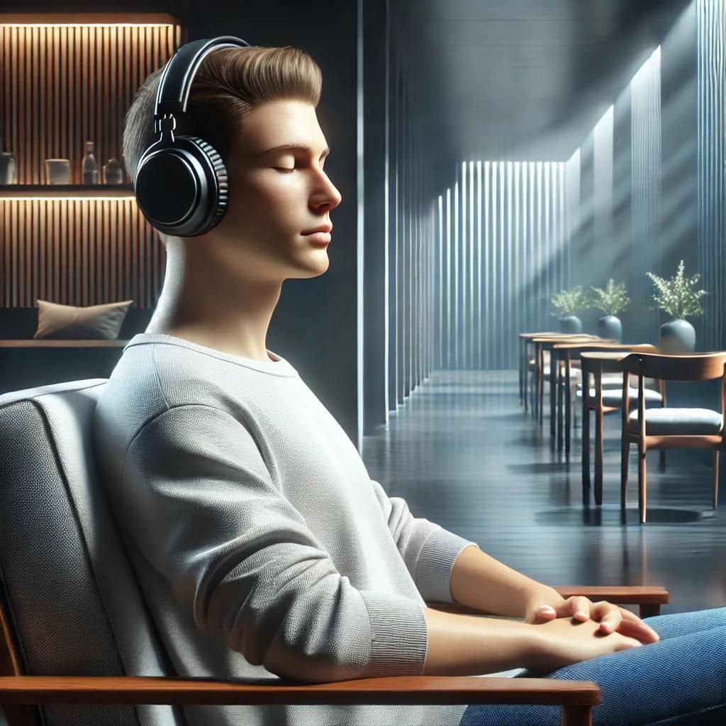 Eine Person sitzt entspannt mit Kopfhörern, hört Musik mit Beta Wellen binauralen Beats, während sie sich in einer ruhigen, modernen Umgebung befindet. Eine Person sitzt entspannt mit Kopfhörern, hört Musik mit Beta Wellen binauralen Beats, während sie sich in einer ruhigen, modernen Umgebung befindet.