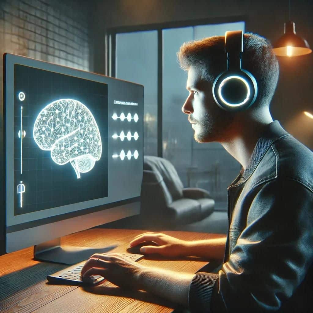 Person mit EEG-Kopfhörern, die binaurale Beats hört, während sie eine visuell-räumliche Arbeitsgedächtnisaufgabe durchführt. Person mit EEG-Kopfhörern, die binaurale Beats hört, während sie eine visuell-räumliche Arbeitsgedächtnisaufgabe durchführt.